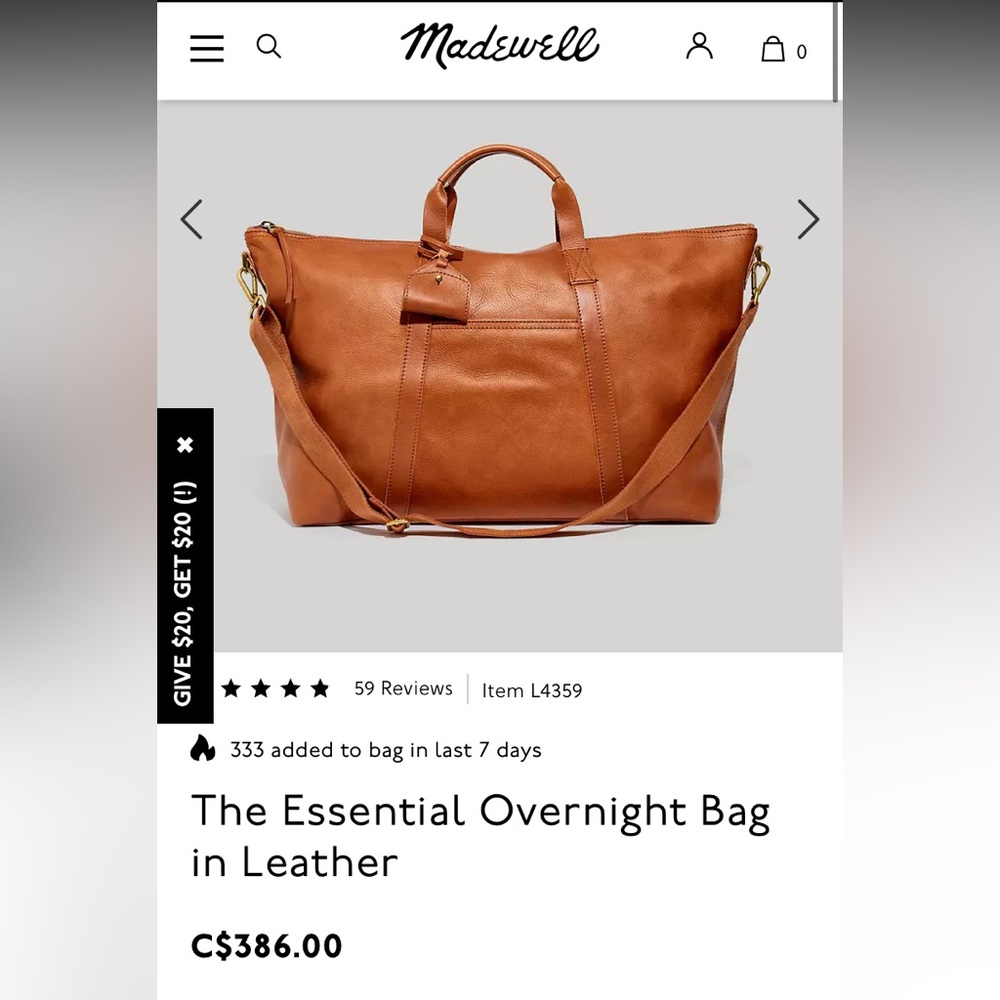 Madewell overnight bag in camel leather